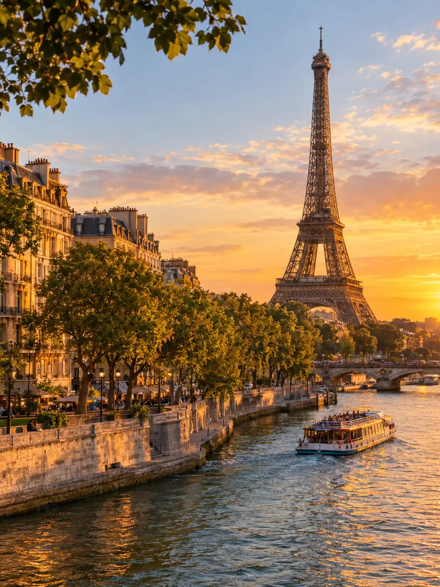Baumbestandene Steinkais an der Seine zur goldenen Stunde mit dem Eiffelturm und einem Sightseeing-Boot