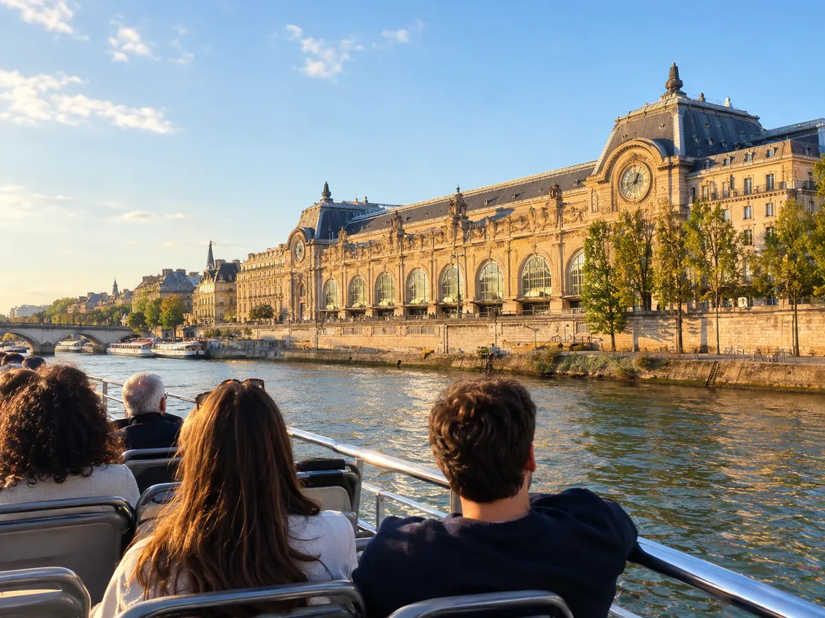 Passagiere auf einem offenen Oberdeck eines Bootes, das im Licht der späten Nachmittagssonne am Musée d'Orsay vorbeifährt